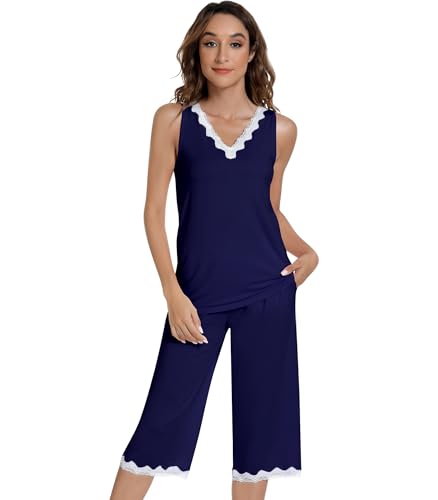 Image of NACHILA Pajamas Set for Women-Viscose Made from Bamboo, Lace V Neck Pj Tank Top Capri Pants Sleeveless Pjs Soft Sleepwear