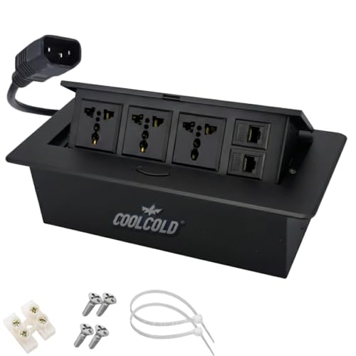 Image of COOLCOLD Pop-Up Power Socket with 3 Universal AC Outlets & Dual RJ45 LAN Ports | Hidden Table Top Power Strip with Flip Cover | Modular Desk Socket for Office Conference Table, Workstation & Home