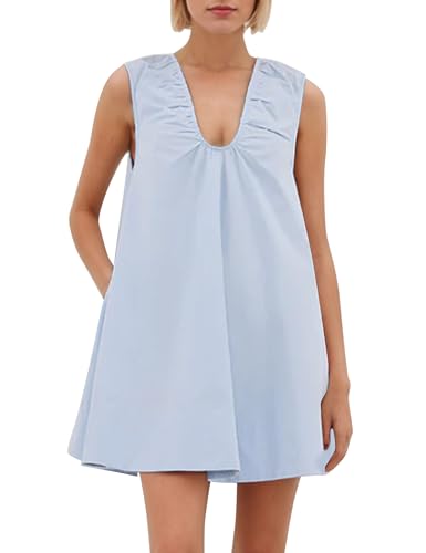 Image of OLAPTA Women Summer Sleeveless Babydoll Mini Tank Dresses Loose Fit Scoop Neck Ruched Short Dress with Pockets Party Clubwear