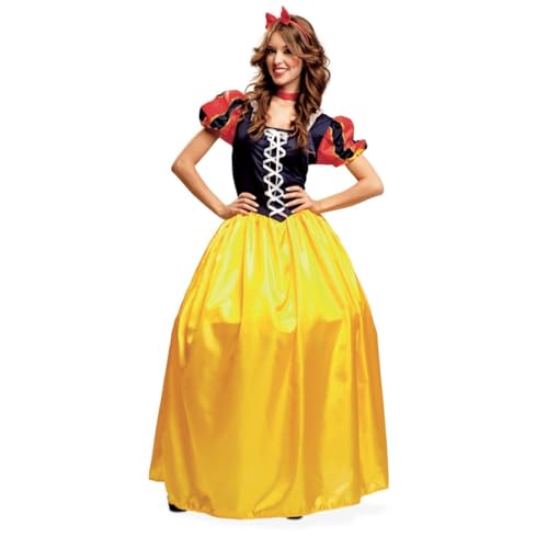 My Other Me - Fantasia branca de neve para mulher, tamanho M-L. Inclui diadema vermelha com laço e vestido com blusa tipo espartilho azul e fitas cruzadas, mangas volumosas às riscas azuis e vermelhas
