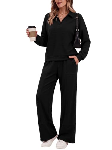 Fisoew Womens 2 Piece Sets Outfits V Neck Long Sleeve Top Wide Leg Pants - image 1