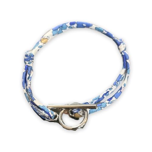 Bracelet fil Liberty Coton Bio - Fermoir A Bascule argent - En Acier Inoxydable - cordon avec fleurs fleuri- réglable de 14 à 24 cm - résiste à l'eau -...