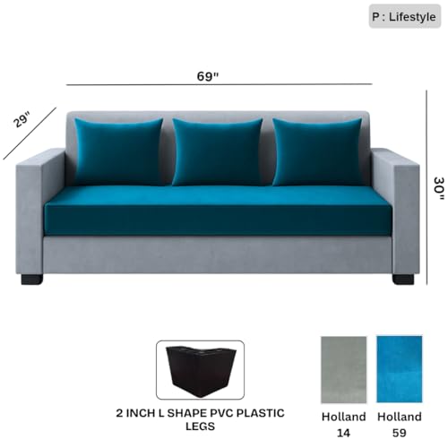 Image of Furny Lexman 3 Seater Fabric Sofa Set (Aqua Blue-Light Grey) | Soft Velvet Fabric | Modern Design | Comfortable Seating | Living Room Furniture