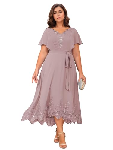 Plus Size Lace Applique Mother of The Bride Dress for Wedding 2025 Short Sleeves Pleated Chiffon Formal Party Gowns