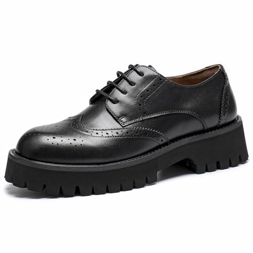 BEAU TODAY Platform Oxfords for Women, Oxford Shoes for Women, Chunky Leather Lace Up Oxford Shoes, Casual Comfort Business Work Office Dress Shoes, Black-b, 8