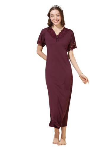 Image of 9shines Label Stylish Soft Modal Maxi Nighty | Honeymoon Nighty | Full Length Trendy Nightgown | V-Neck Lace | Premium Nightdress | Soft Long Nightdress | Maxi Gown Nightwear for Women (Malai Satin)