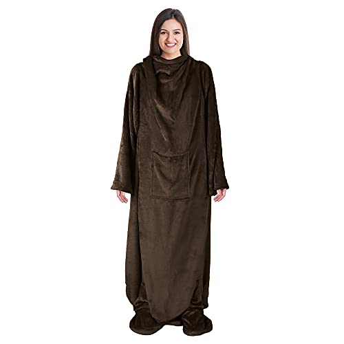 Catalonia Wearable Fleece Blanket With Sleeves And Foot Pockets For Adult Women Men, Micro Plush Comfy Wrap Sleeved Throw Blanket Robe Large, Brown #TOP4