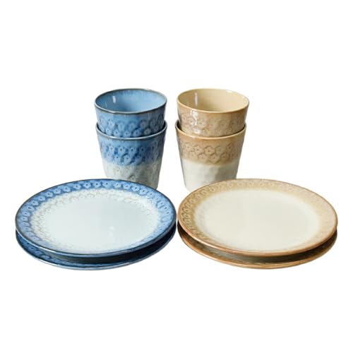 [美濃焼]スモークリース 印花型5.0皿 コップ 各4点 合計8点 セット ブルー&ブラウン MEI212-3