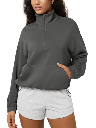 ODODOS Women's Modal Soft Cinchable Sweatshirts Half Zipper Funnel Neck Oversize Pullover with Pockets, Charcoal, Medium
