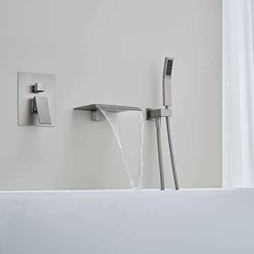 Wowkk Waterfall Tub Faucet Wall Mount Tub Filler Brushed Nickel Roman Bathtub Faucet Brass Single Handle Bathroom Faucet With Hand Shower #TOP4