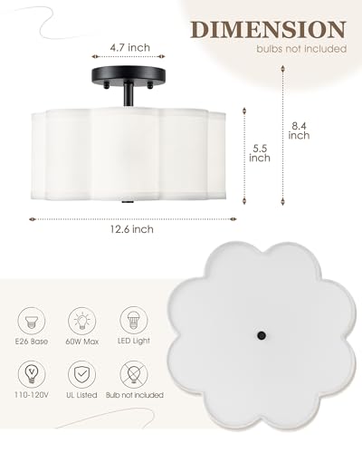 Image of Semi Flush Mount Ceiling Lights, 3-Light 13 inch Ceiling Light Fixtures with Fabric Shade in Flower Shape, Matte Black Drum Lighting for Nursery Hallway Bedroom Kitchen, AD-22007-3SF-BK