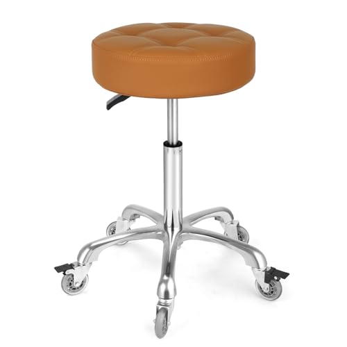 Image of Adjustable Heavy Duty Stool - Rolling Stools with Locking Caster Wheels - Swivel Stools Backless Chair for Home Kitchen Office Shop Tattoo Lash Tech Pedicure (Camel, Height 22 to 30 in)