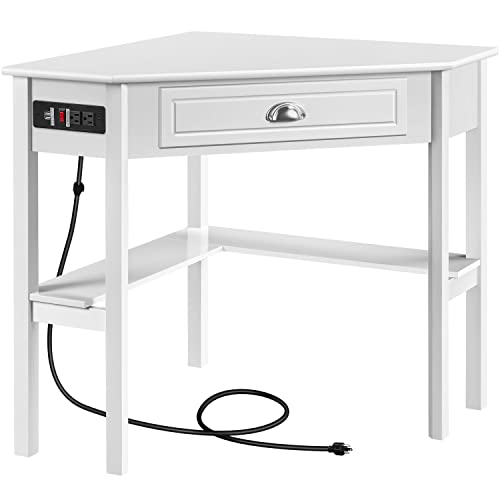 Yaheetech L Shaped Corner Computer Desk With Power Outlets, Reversible Triangle Workstation With Usb Ports And Hook For Small Space, Modern Home Office Desk Gaming Table With Drawer & Shelf, White #TOP15