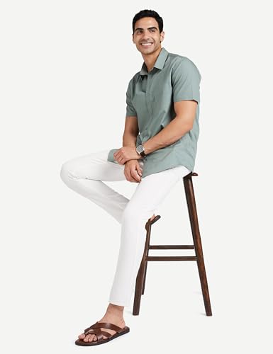 Image of Amazon Brand - Symbol Men's Cotton Shirt | Casual | Plain | Half Sleeve - Regular Fit (Available in Plus Size) (White + Granite Green S) (Combo Pack of 2)