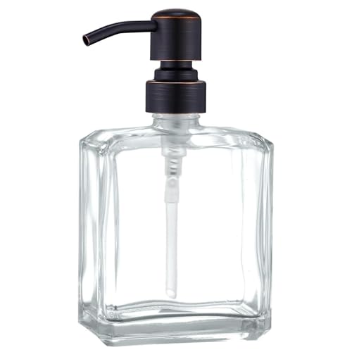 Image of Square Clear Glass Dish Soap Dispenser Oil Rubbed Bronze Pump, Antique Refillable 13.5 oz Hand Soap Lotion Dispenser with Rust Proof Stainless Steel Pump for Bathroom Kitchen