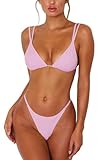 ForBeautyShe Women's Solid Brazilian Bikini High Leg Thong Swimsuit Two Piece Bathing Suit Push Up Swimwear Pink M