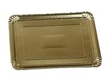 ✔️ BANDEJITAS DORADAS: 100 bandejas rectangulares de cartón desechable de tamaño mediano para emplatar y presentar canapés, pasteles, repostería y otros aperitivos. Tamaño: 18x24cm
