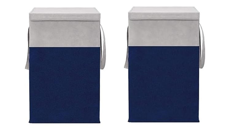 Image of Non Woven Printed Rectangular Foldable Laundry Bag | Lid And Handle Utility Storage Organiser For Bedroom Dorm Closet Container Solution | 75L Laundry Basket | Grey Navy Blue