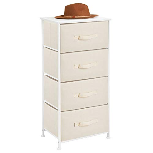 mDesign Vertical Dresser Storage Tower - Sturdy Steel Frame, Wood Top, Easy Pull Fabric Bins - Organizer Unit for Bedroom, Hallway, Entryway, Closets - Textured Print, 4 Drawers - Cream/White
