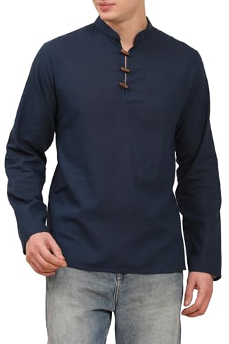 Image of Amazon Brand - Anarva Men's Cotton Linen Solid Kurta Long Sleeves Wooden Button Regular Casual Shirt