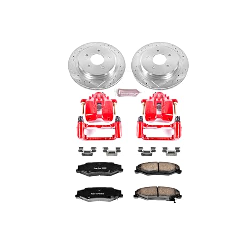 Image of PowerStop Rear Brake & Caliper Kit for Cadillac XLR 2004-09 | Chevrolet Corvette 1997-13 - Carbon-Fiber Ceramic Brake Pads + Drilled & Slotted Rotors + Red Powder Coated Calipers, KC1563