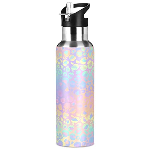 ALAZA Leopard Print Cheetah Rainbow Gradient Water Bottle with Straw Lid Vacuum Insulated Stainless Steel Thermo Flask Water Bottle 32oz 201