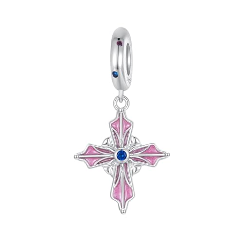 Dijes de cruz rosa en plata de ley 925 para pulseras con detalles esmaltados
