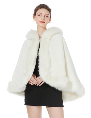 BEAUTELICATE Women's Party Faux Fox Fur Long Shawl Cloak Hooded Cape Coat
