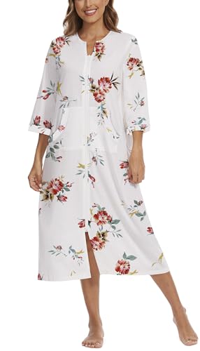 Image of Zipper Robes for Women 3 /4 Sleeve Housecoats Long Lightweight Bathrobe House Dress with Pockets