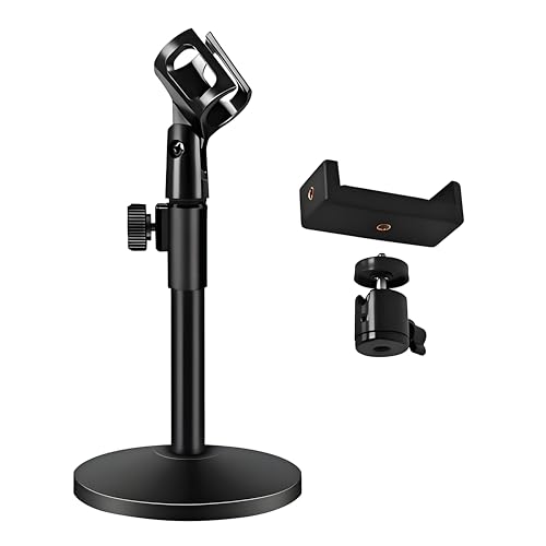 Getaria Pie de micrófono de sobremesa, soporte de micrófono de sobremesa multifuncional ajustable 3 en 1 con pinza para micrófono, pinza para teléfono móvil, adaptador metálico (Base Redonda)