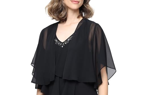 Image of S.L. Fashions Women's Chiffon Tiered Jacket Dress with Beaded Neckline Mother of the Bride, Cocktail, Or Wedding Guest Dress