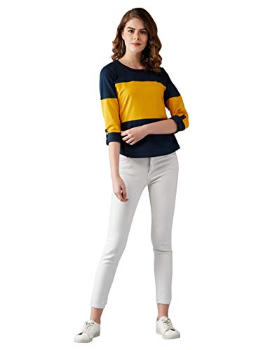 Image of Miss Chase Women's Navy Blue and Mustard 100% Cotton T-Shirt