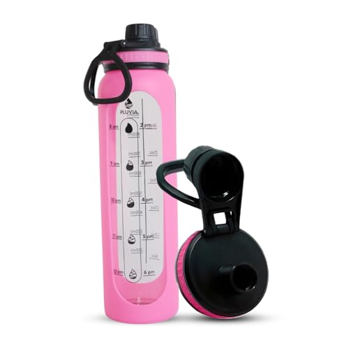 PLUVIA 35 oz Glass Water Bottle – BPA-Free, Thick Borosilicate Glass, Hydration Tracking (Pink)