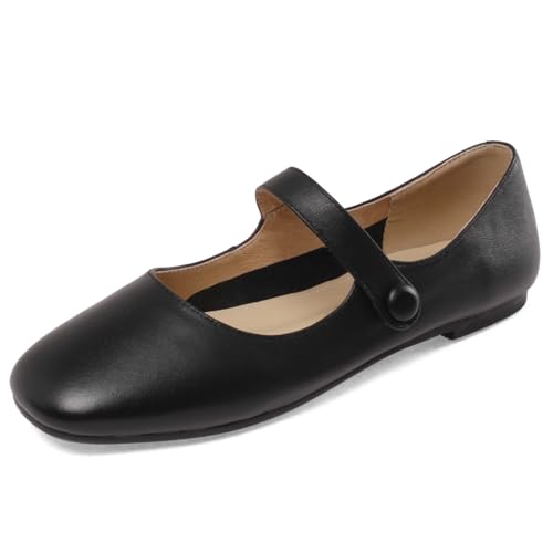 Women's Leather Mary Jane Flats - Soft Comfortable Material, Easy Buckle Slip On, Classic Go-to Casual Shoes