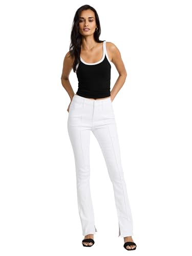 EXPRESS Women’s Skyscraper Pintuck Jeans – Mid Rise Flare Leg, Slimming Center-Crease Stitch, Stretch Denim – White