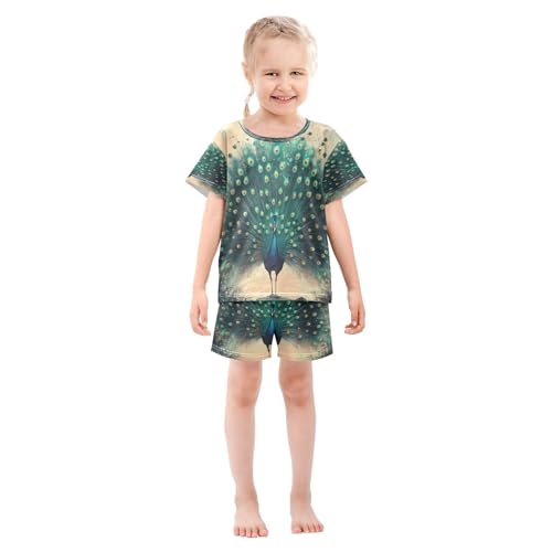 ALAZA Green Feather Peacock Pajamas Set Short Sleeve Cotton Sleepwear Summer Pjs 2 Piece 5-14Y3