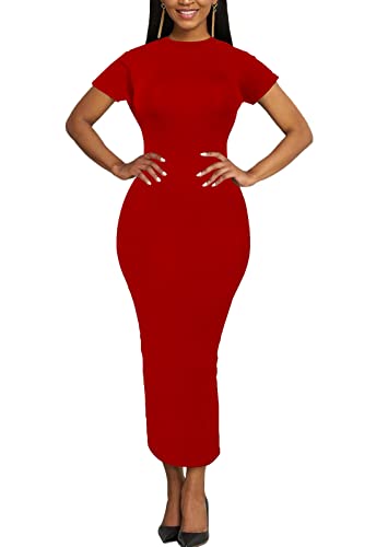 Women's Club Bodycon Dresses Casual Summer Maxi Party Sheath Pencil Dress Red S #TOP4