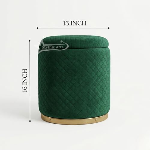 Image of Premium Round Storage Ottoman Stool 13 X 13X 16 inch, with Gold Metal Base | Luxury Pouffe with Hidden Storage | Cushioned Footrest for Living Room, Bedroom & Lounge Dark Green