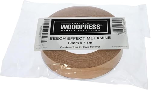 WoodPress® 19mm Buchenholz-Stil Melamin Kantenumleimer mit Schmelzkleber – 7,5m Rolle – Einfaches Aufbügeln für Heimwerker