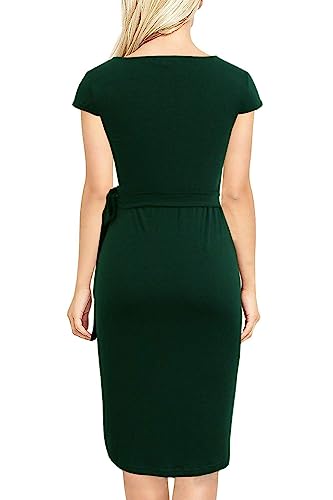 Image of Women's Vintage Cap Sleeves Asymmetrical Neckline Sheath Bodycon Casual Work Cocktail Party Pencil Faux Wrap Dresses