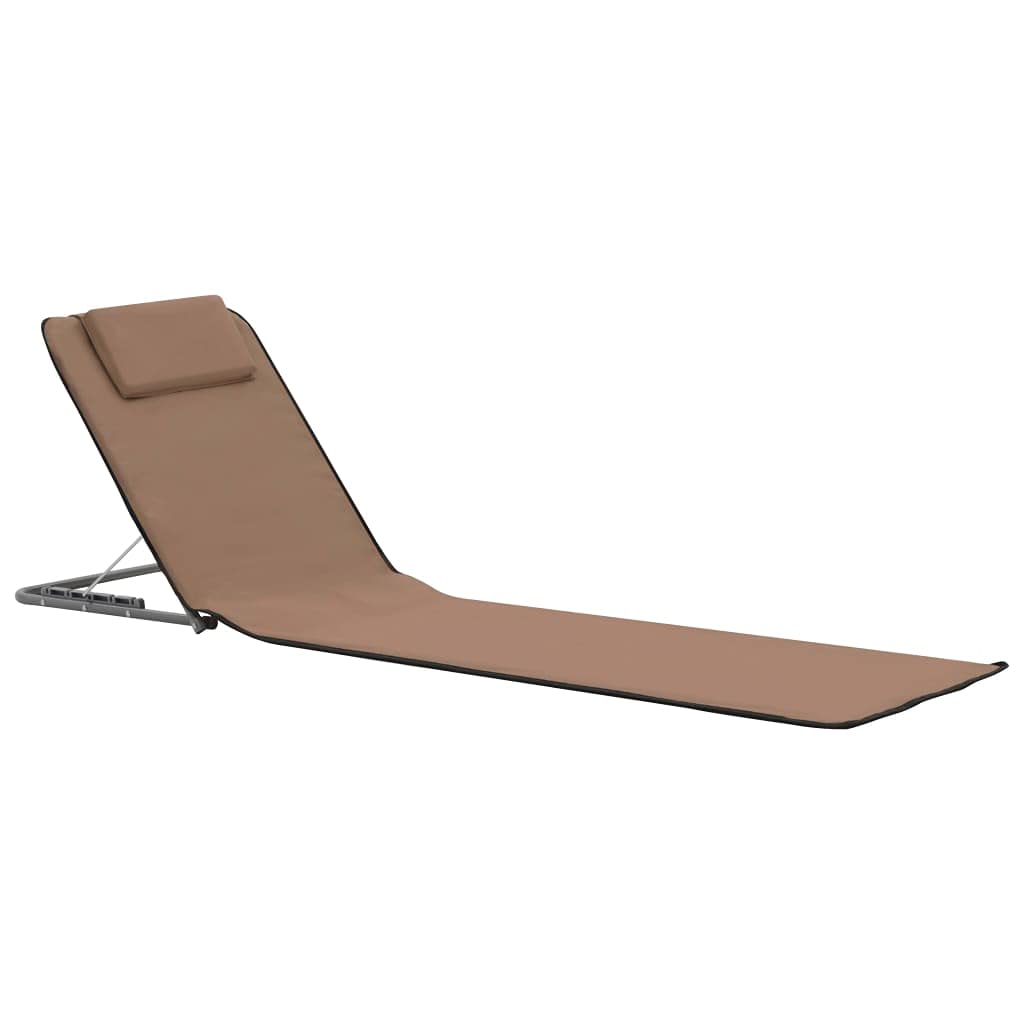 Set di 2 stuoie da spiaggia pieghevoli con schienale, sdraio da spiaggia in acciaio e tessuto, tappetino da campeggio regolabile con poggiatesta e vano portaoggetti, 160 x 53 cm, marrone