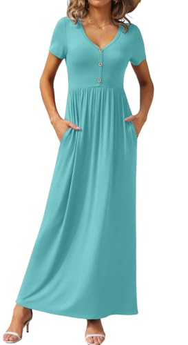Image of GRECERELLE Womens Summer Long Maxi Dresses 2026 Short Sleeve V Neck Casual Button Dress with Pockets