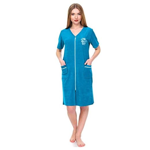 Brighton Robes La Serren Women's Terry Cotton Zipper Front Short Sleeve Two Pocket Robe Sleepwear Beach Dress (Large, Teal)