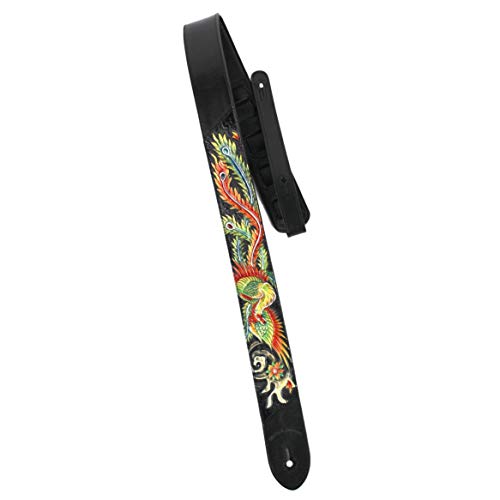 Walker And Williams Kb-31 Skinny Series 2" Wide Flat Black Premium Grain Leather Padded Guitar Strap With Hand Tooled Red And Gold Phoenix Design #TOP3