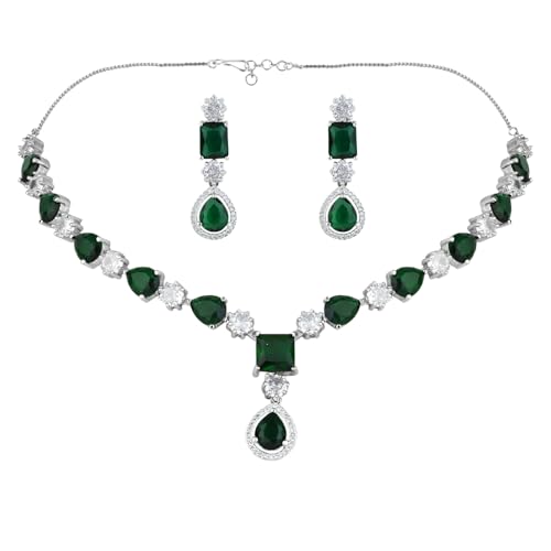 Image of I Jewels Silver Plated Cubic Zirconia American Diamond Valentines Special Necklace & Drop Earrings Jewellery Set for Women