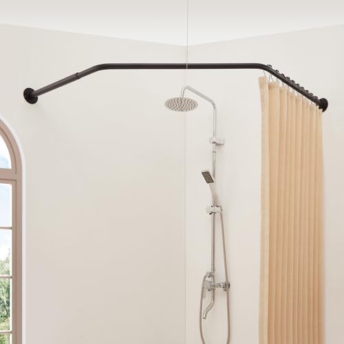 Mirooyu Corner Shower Curtain Rod Diamond Shaped [Both Sides: 22-34.8 Middle: 28/43.7/12.2] Heavy Duty NEO Angle Shower Pole for Bathroom Bathtub with 12 Hooks & Ceiling Support - Matte Black