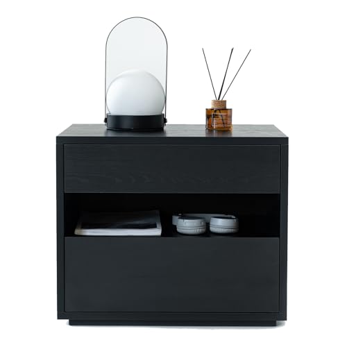 HJYBFA Mesita de Noche Moderna de Madera Negra con 2 cajones y Mesa Auxiliar de Almacenamiento Abierta para Dormitorio, Sala de Estar y Oficina.