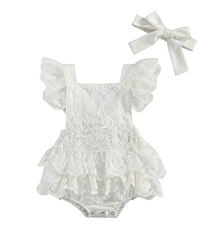 2Pcs Newborn Baby Girl Lace Ruffles Sleeve Bodysuits Backless Jumpsuit Clothes Romper Set (U-Lace White, 0-6 Months)