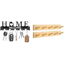 Black Double Hooks Key Holder Wall Mount and Wooden Coat Rack 2 Pcs