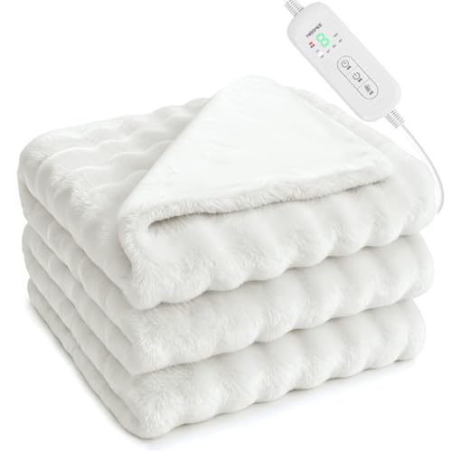 MOSMEE 電気毛布 【2025AI 自動温度調整+表面兎毛調+裏面ポリエステル素材】 190×130cm 大きいサイズ 掛け敷き兼用 ひざ掛け 8段階温度調整 6段階タイマー設定機能 自動オフ 洗える 洗濯ネット付き ダニ退治 ふわふわ 柔らかく 防寒対策 暖房器具 省エネ 安全保護 (ホワイト, 190*130)